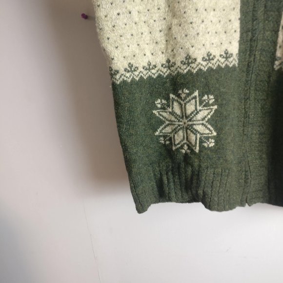 Vintage Nordic Full Zip Dad Sweater, 100% Wool Green Collared Snowflake print, L - Picture 3 of 6